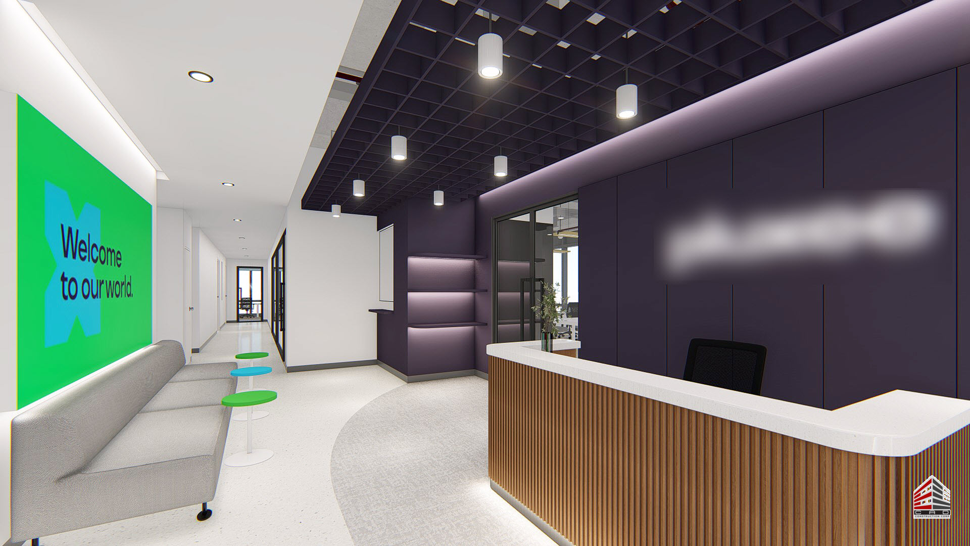 Reception area perspective design with modern office branding and welcoming layout