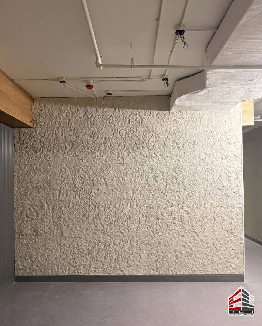 Contemporary office ceiling with wood accent