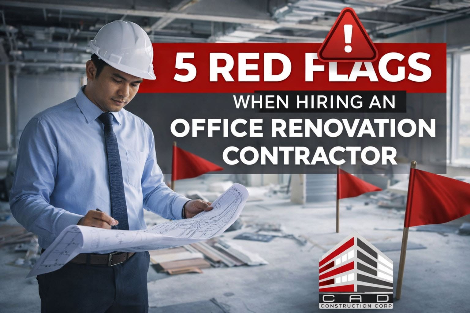 Project manager reviewing office renovation plans and spotting contractor red flags in a Philippine office setting