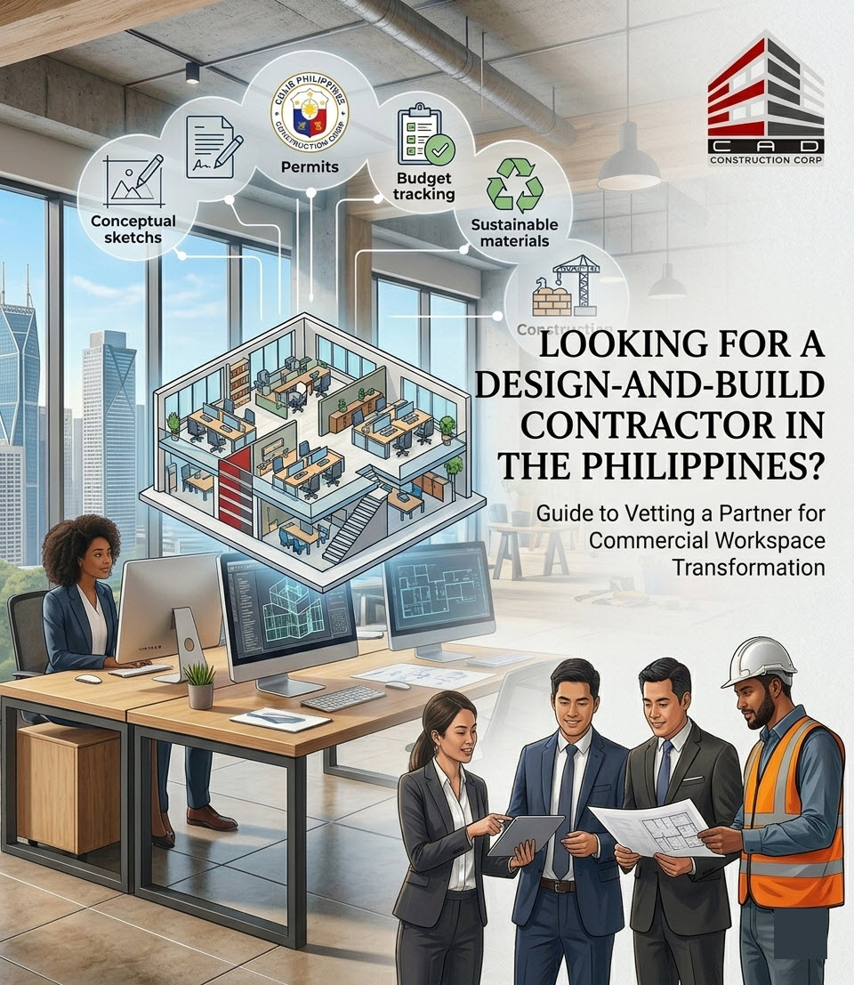 Filipino architects reviewing a workspace design build guide in a modern Philippine office.