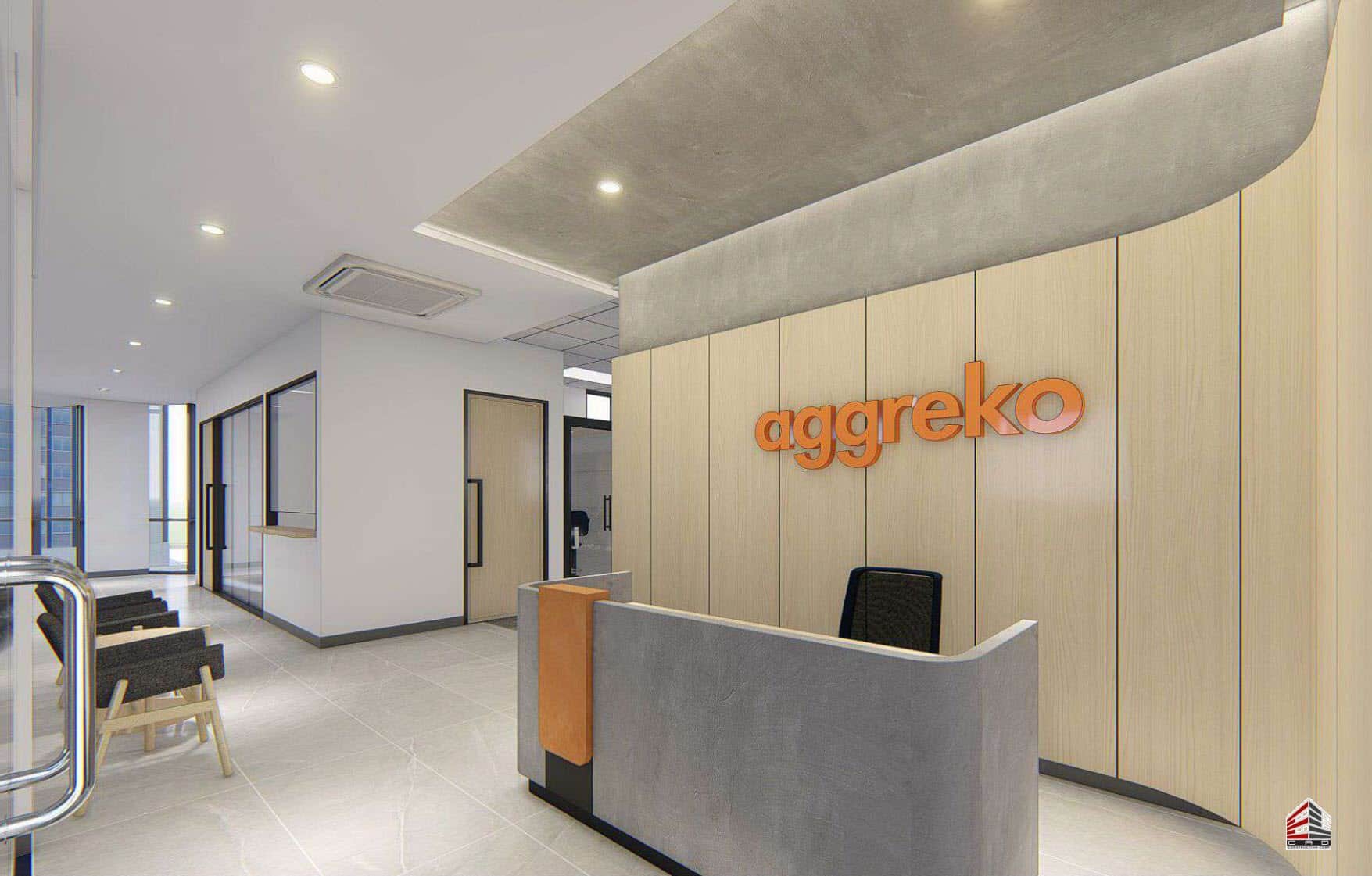 A modern reception area featuring an Eco Friendly Office Design with wood-paneled walls and a concrete desk.