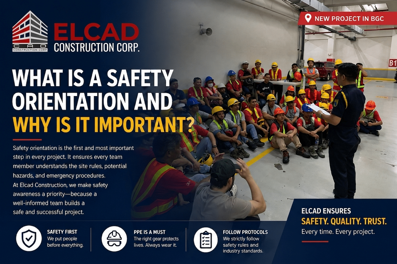 Safety orientation session at a construction site for Ellcad Construction Corp. Workers in PPE are seated while an officer conducts a briefing.