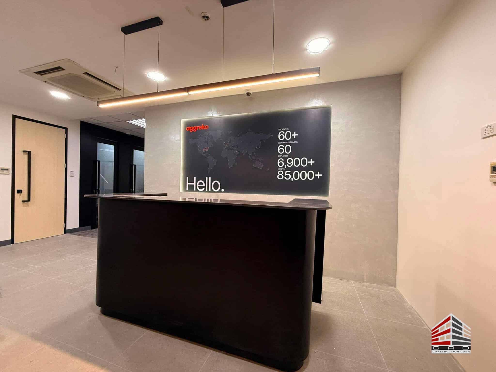 Modern reception area of a 550 sqm Energy Services office fit-out by Ellcad Construction Corporation.