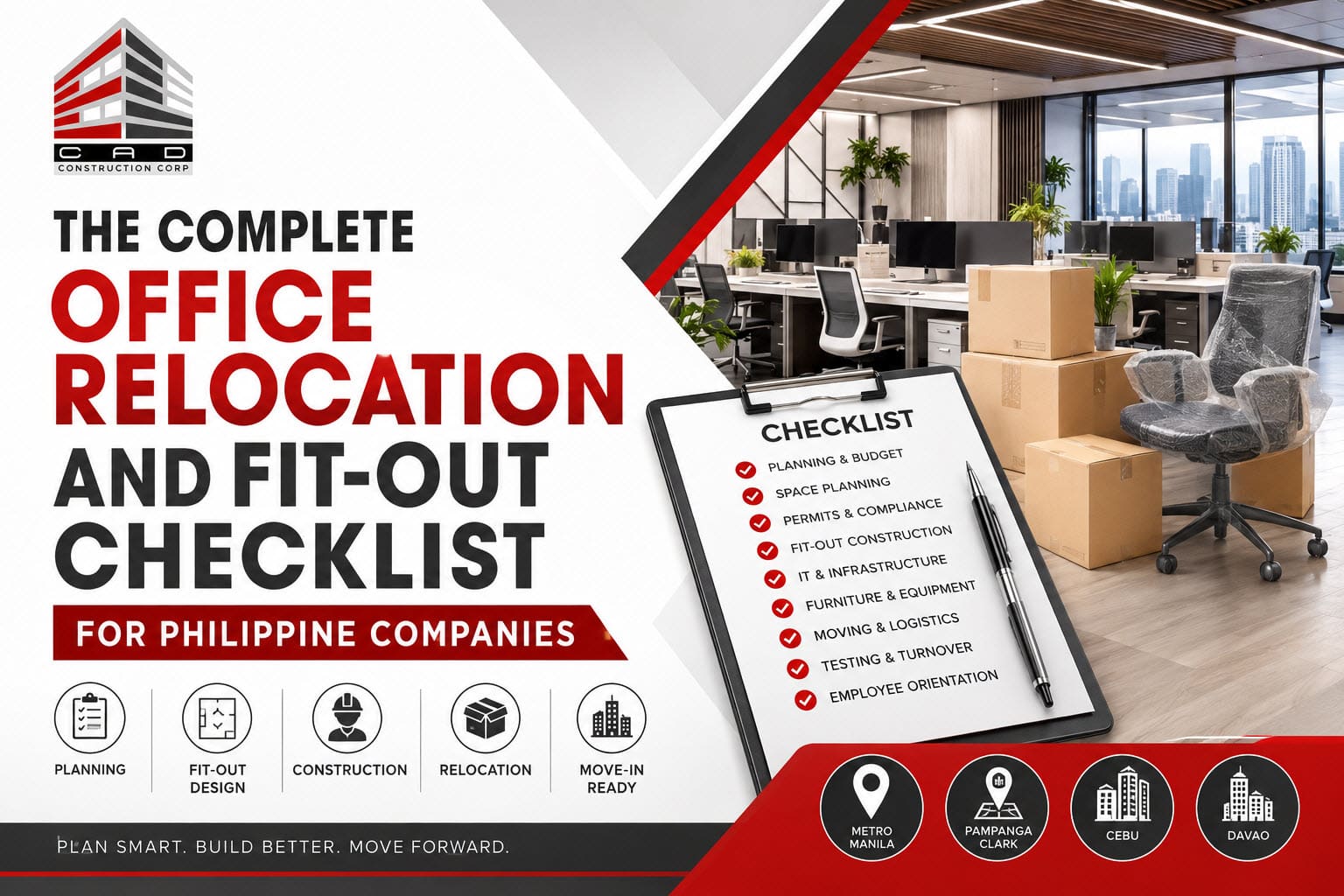 Philippine office relocation checklist showing a modern corporate office fit-out, workspace planning, construction, and move-in preparation.
