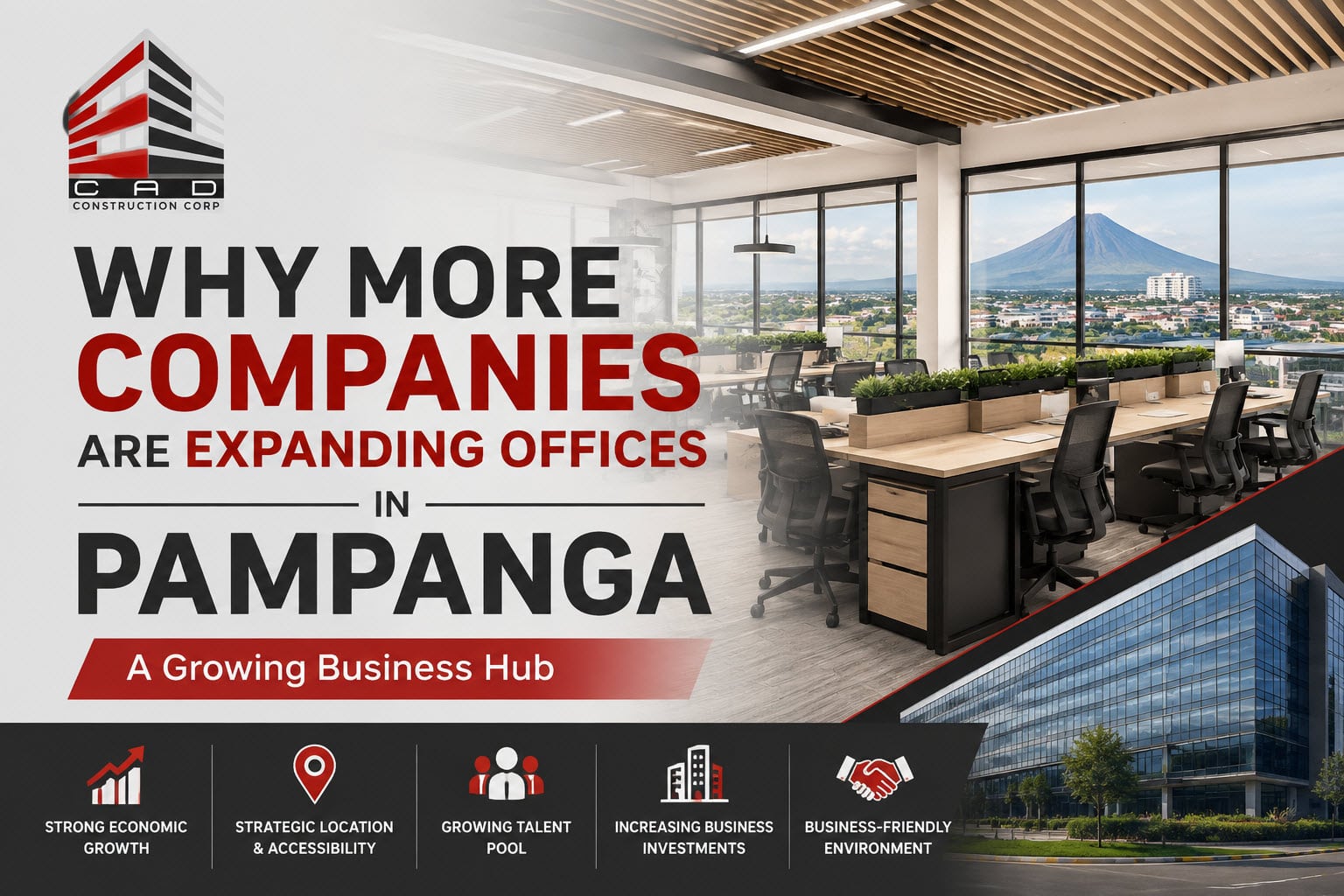 Office expansion in Pampanga featuring a modern office workspace, business district, and ELCAD Construction Corp branding