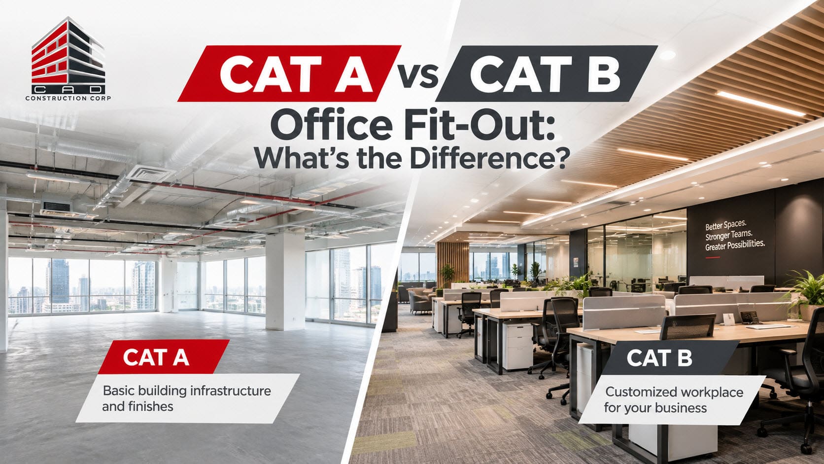 CAT A vs CAT B office fit-out showing a basic commercial office space and a fully designed workplace in the Philippines.
