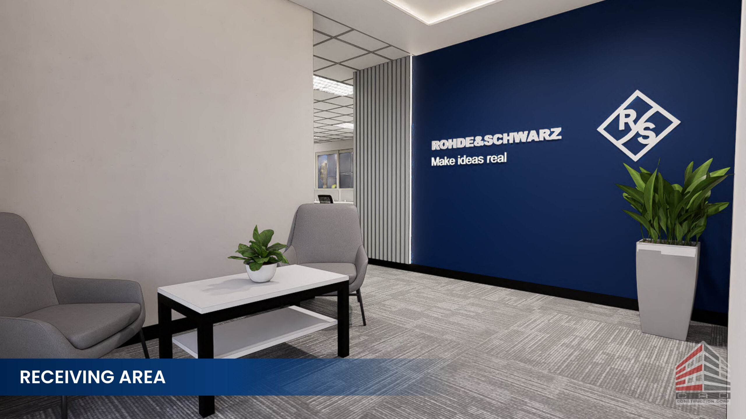 3D perspective design of the Rohde & Schwarz receiving area featuring modern grey armchairs, a minimalist coffee table, and a deep blue feature wall with illuminated company logo.