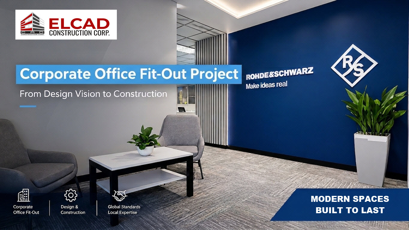 ELCAD Construction Corp corporate office fit-out project showcase image with modern reception lounge.