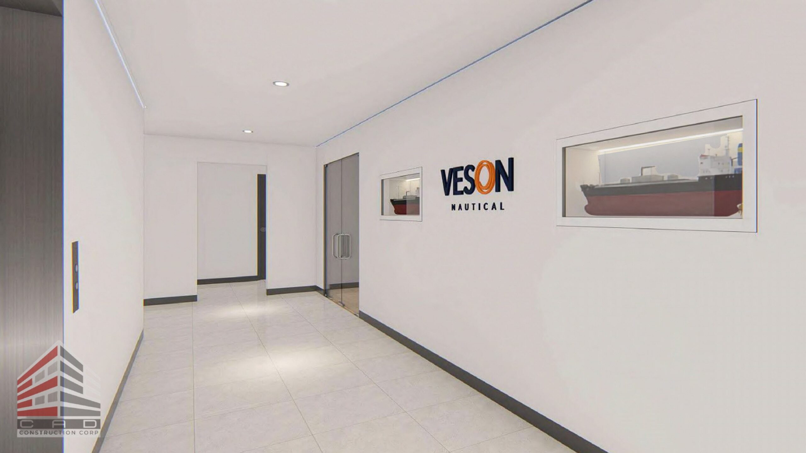 Veson Nautical office entrance lobby 3d design render with custom ship models in display recessed wall niches eEcad Construction