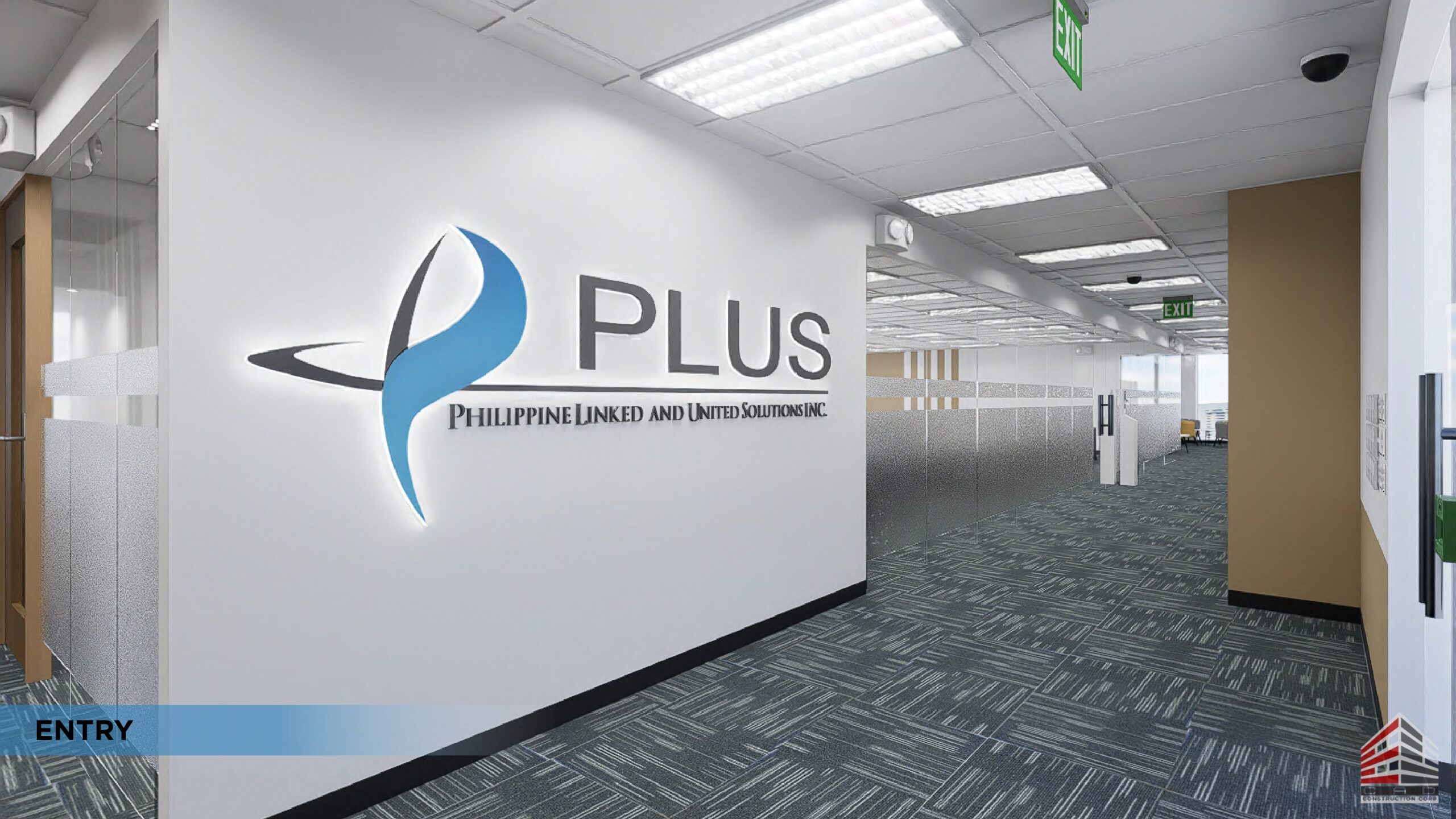 Precision BGC Workplace Fitout entry corridor featuring illuminated 3D PLUS company logo on clean white wall with grey patterned carpet.