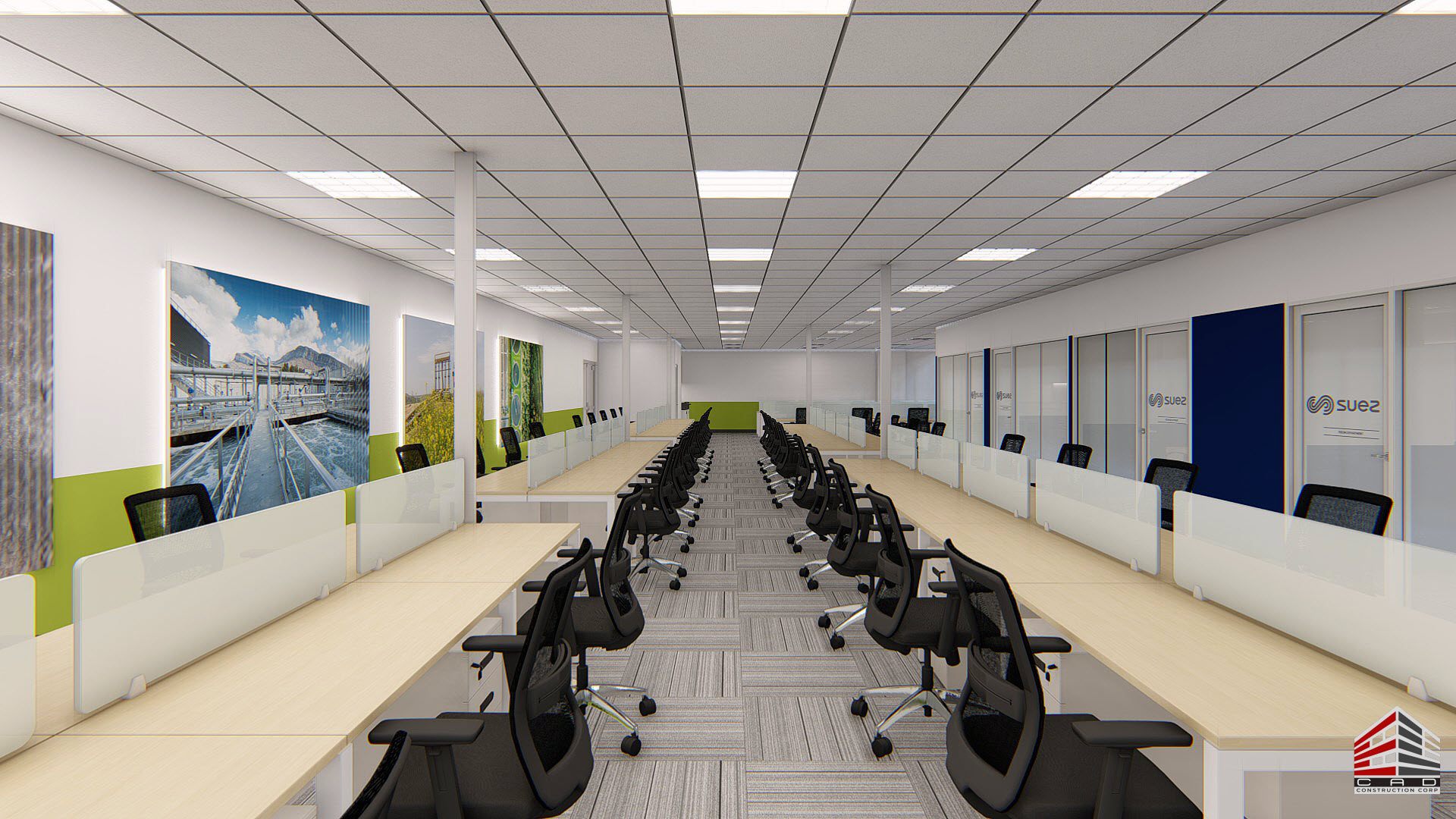 Suez International Phase 2 open-plan office 3D perspective showing linear workstations with green accent walls and glass partition offices.