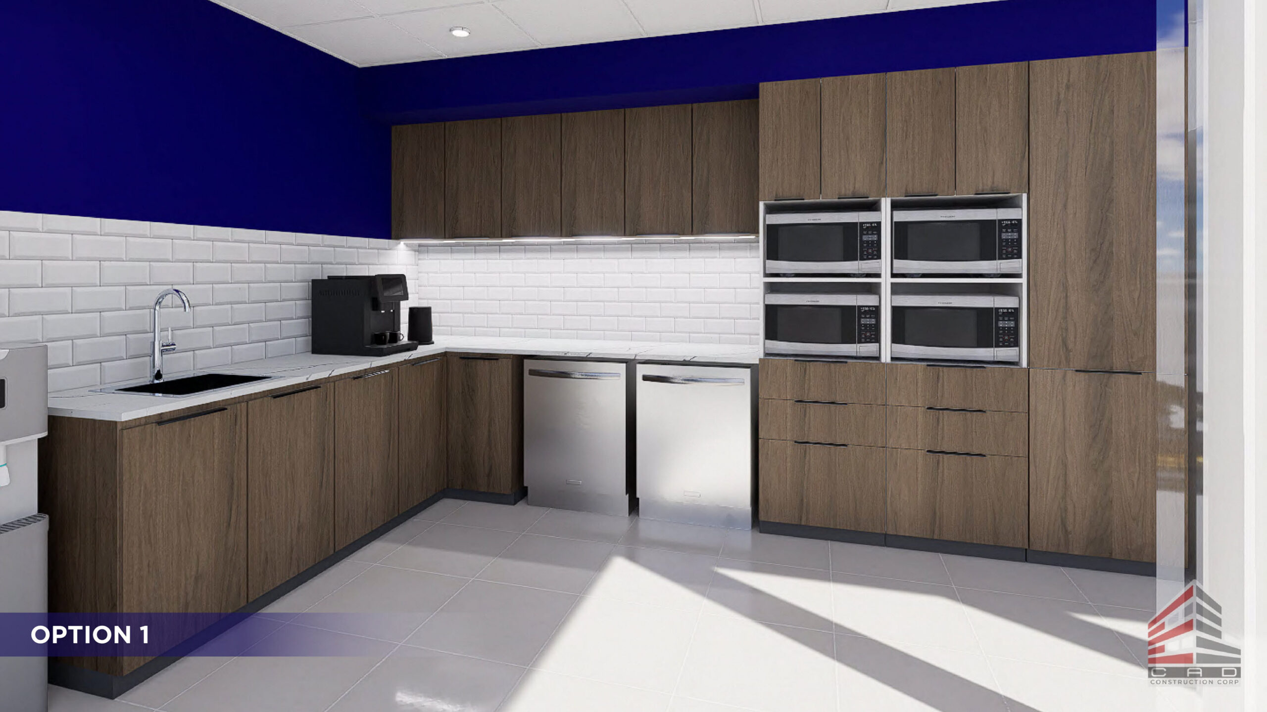 Modern office pantry 3D design Option 1 with dark blue accent wall, subway tiles, wood cabinetry, built-in microwaves, and dishwashers in office fit-out.